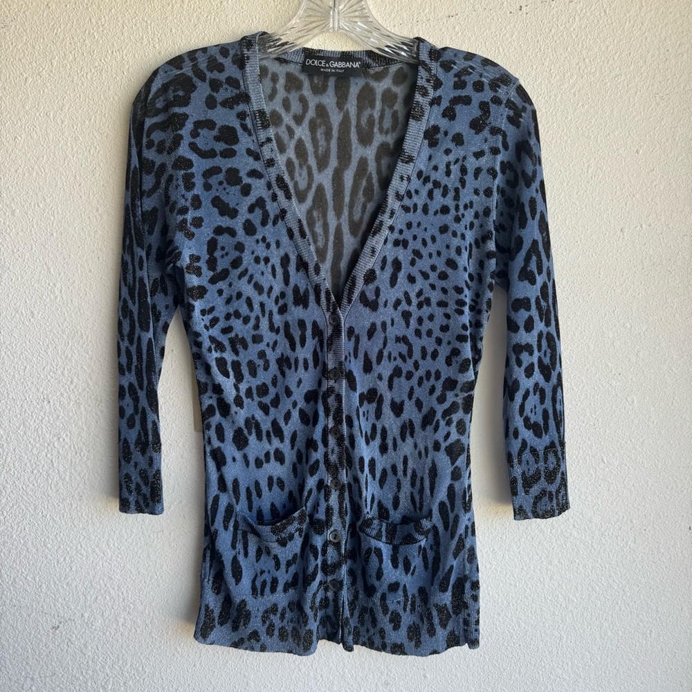 Vintage Dolce & Gabbana Blue Metallic Animal Print Cardigan Top